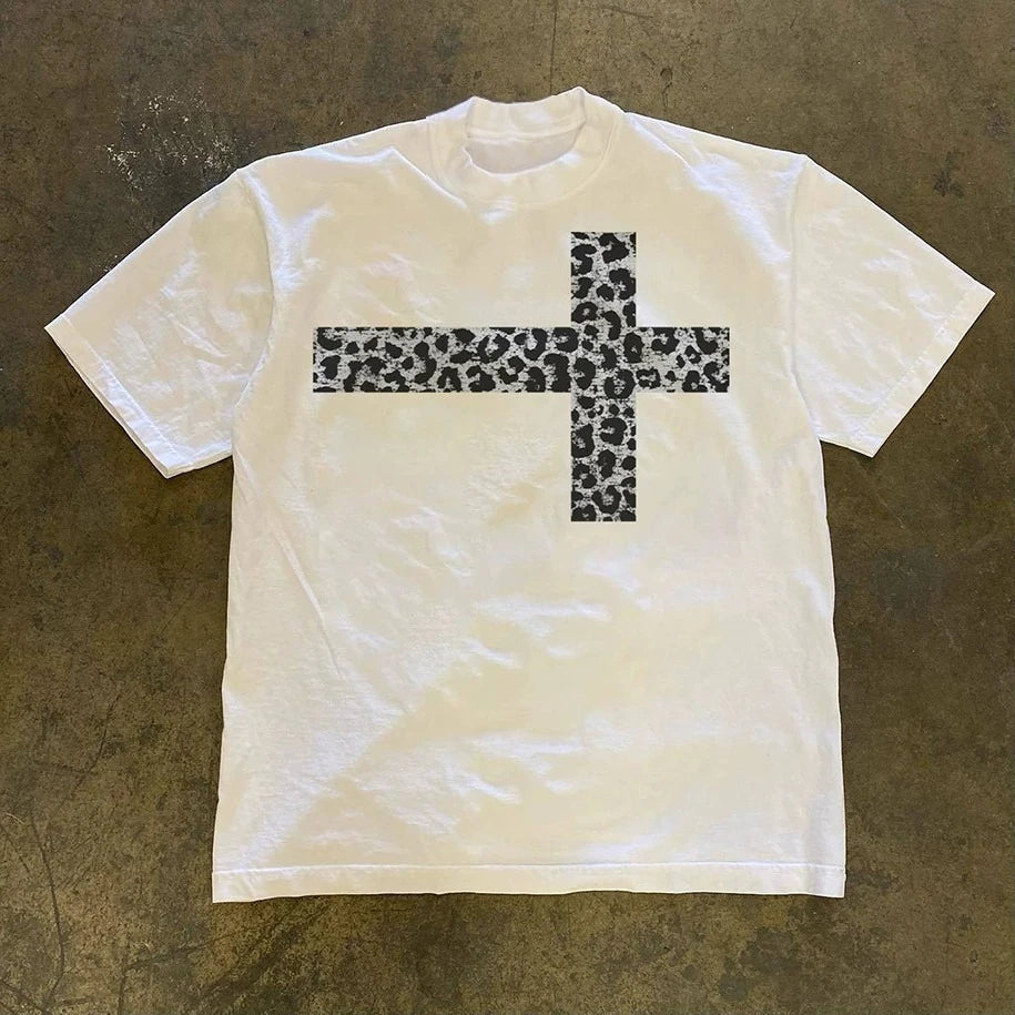 Cotton Short Sleeve T-shirt for Men and Women European and American Style Retro Design Sense Short Sleeve Print All Match Top