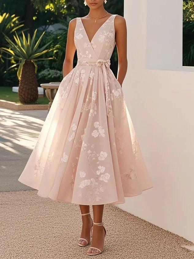 2026 Women's Dress Banquet Evening Dress Sleeveless Vest V-Neck Printed Dress