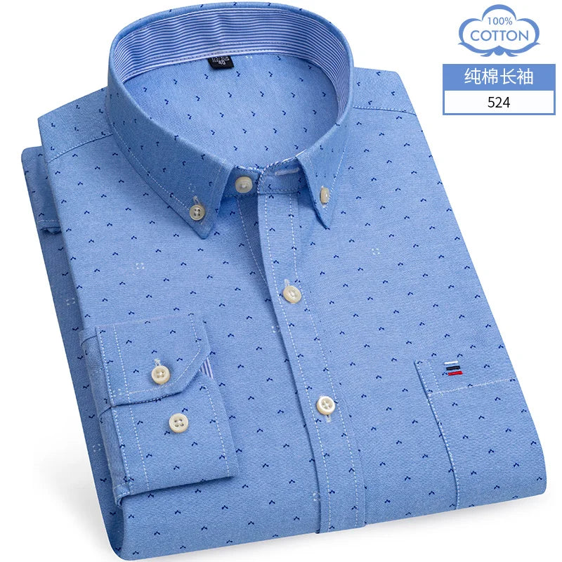 Cotton Oxford Shirt For Men Long Sleeve Plaid Striped Casual Shirts Male Pocket Regular-Fit Button-Down Work Man Dress Shirt