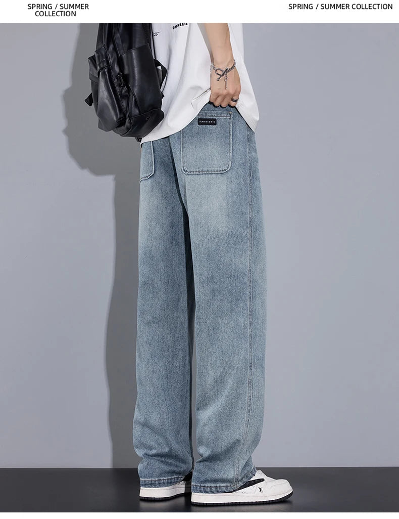 Autumn Casual Men's Straight Jeans Fashion Loose Vintage Elastic Waist Trousers Light Blue Personality Wide Pants Denim Male