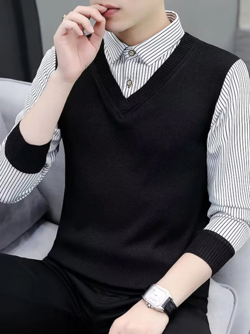 Fashionable Knitted Slim Fit Long Sleeve Shirt Collar Sweater for Men Autumn Outerwear Casual Style Polyester Fiber Youth Fas...