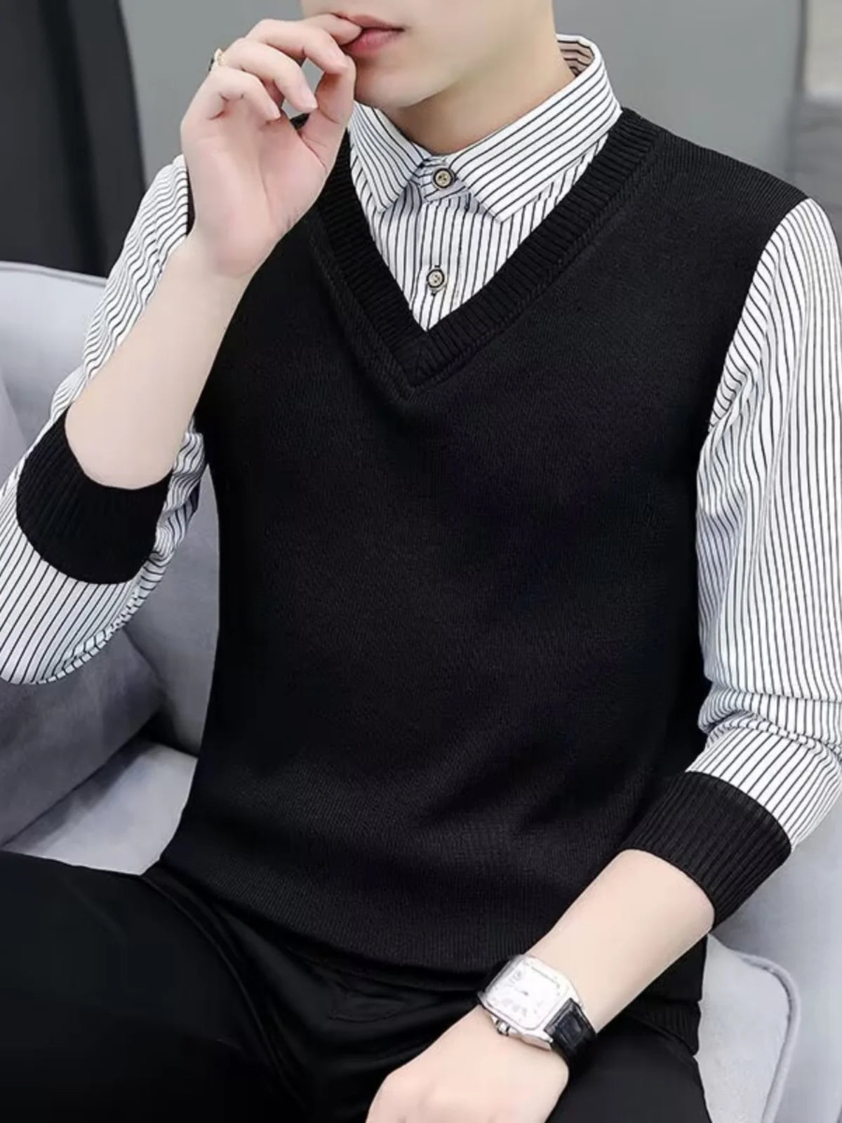 Fashionable Knitted Slim Fit Long Sleeve Shirt Collar Sweater for Men Autumn Outerwear Casual Style Polyester Fiber Youth Fas...