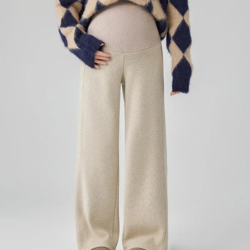 Maternity Pants Fleece-Lined Wide-Leg Sweatpants Autumn/Winter Casual Straight-Leg Pants Underwear Base Trousers For Pregnant