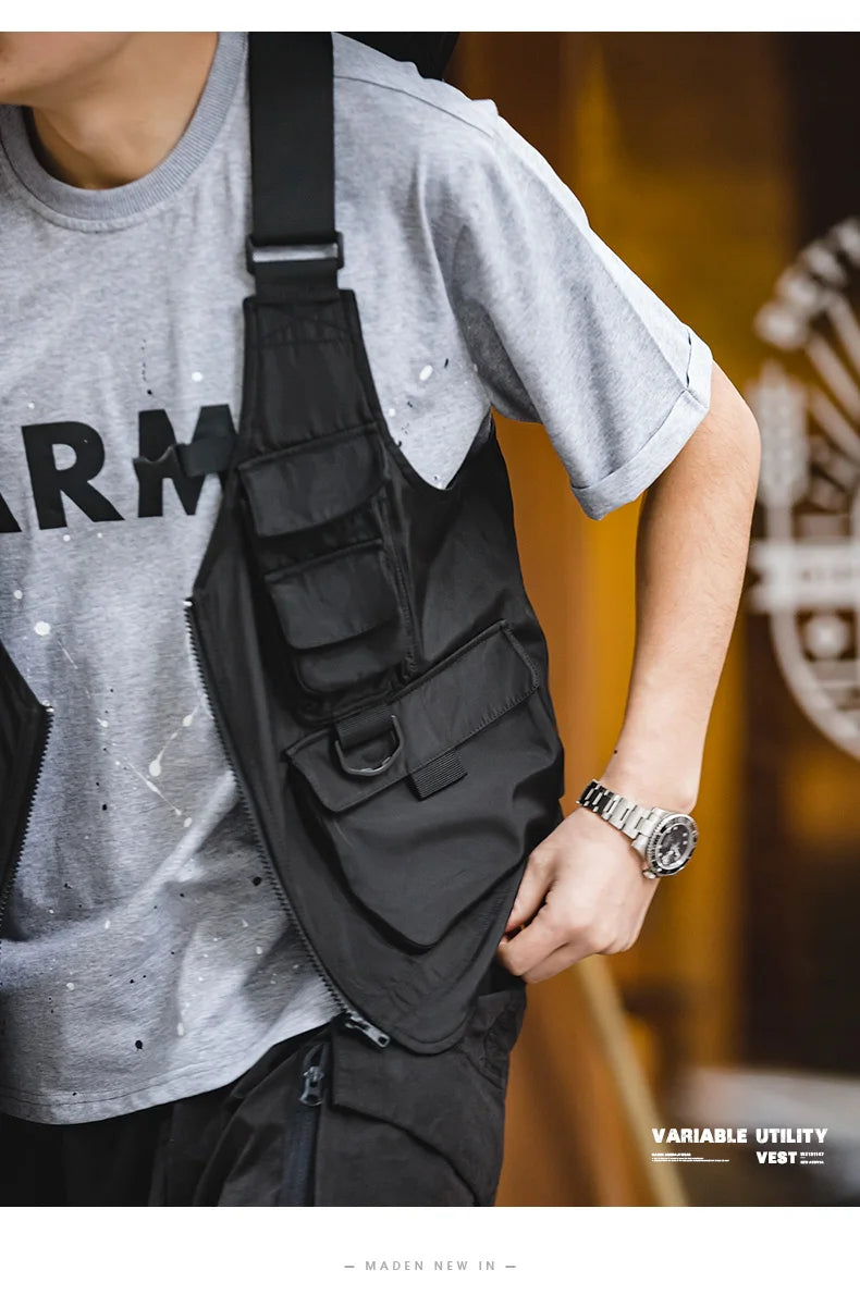 Maden Men Multi-pocket Tactical Vest Jacket & Bag Japan Retro Multi-function Photography Waistcoat Wide Shoulder Strap Solid Bag