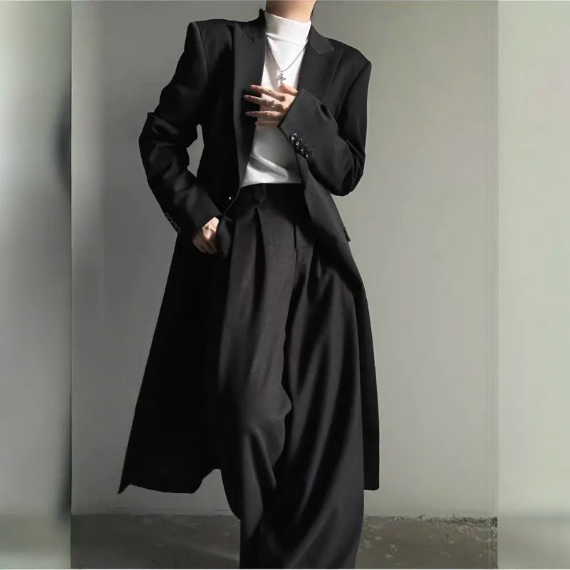 American Retro Men's Long Blazer Fashion High Street Dark Gothic Suit Jacket Spring Autumn Casual Black Simple Male Coat