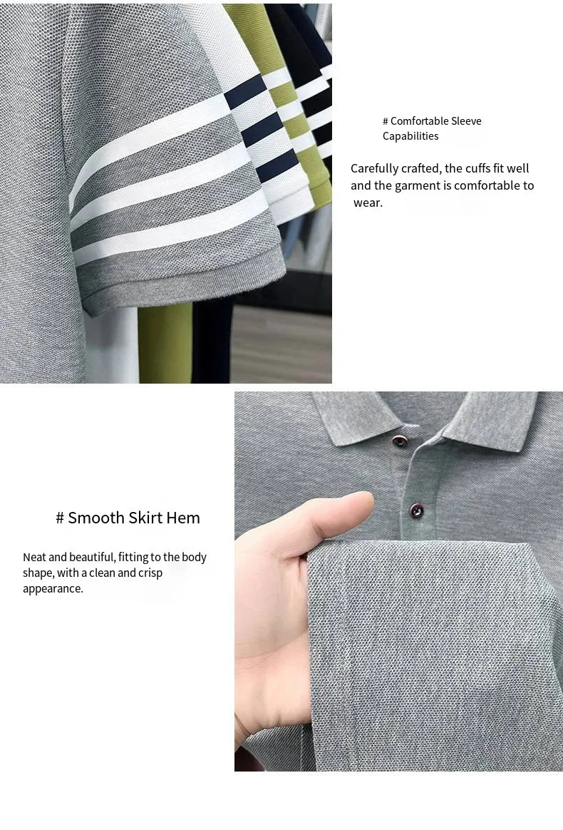 100% Cotton Summer Men's Short-Sleeved Polo Shirt Lapel Button Striped Print Business Casual Golf High-Quality Men's Clothing