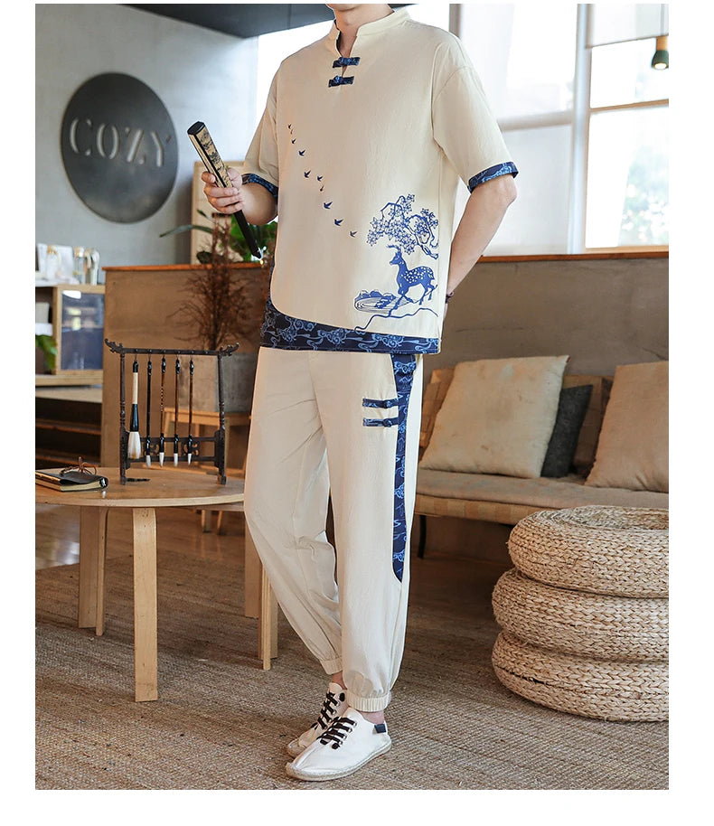 Shirts + Pants summer Cotton linen shorts sleeve shirts Men's Casual Sets Male Fashion trousers and shirts men size M-4XL TZ020