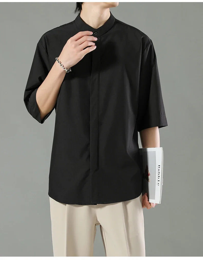 Summer Thin Short-sleeved Shirts Men Japanese Style Loose Stretch Business Casual Shirts Male No-iron Stand Collar Formal Tops