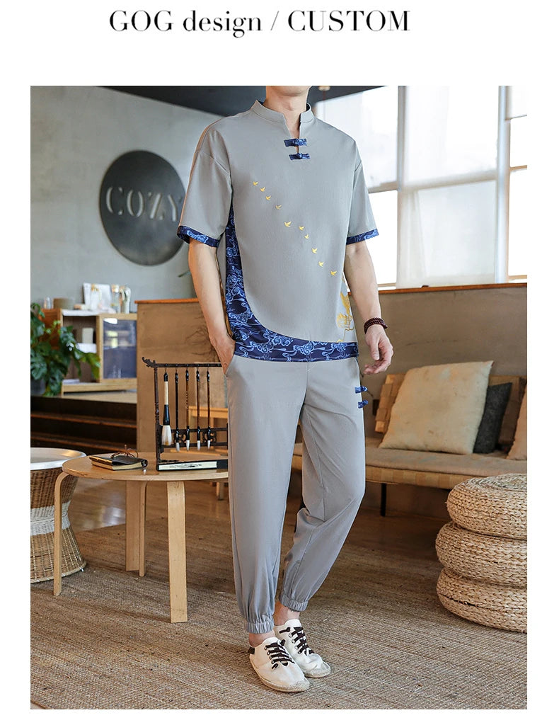 Shirts + Pants summer Cotton linen shorts sleeve shirts Men's Casual Sets Male Fashion trousers and shirts men size M-4XL TZ020
