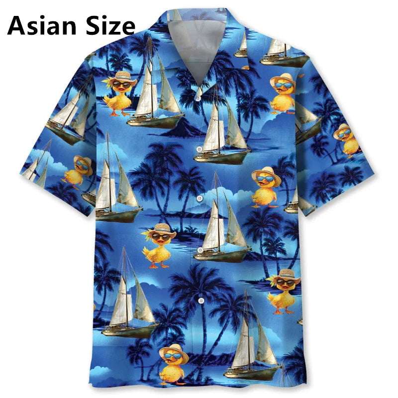 Men's Sailboat Tropical Flower Hawaiian Shirt Clothes Full Print Summer Short Sleeve Beach Shirts Blouse Men's Button Up Shirts