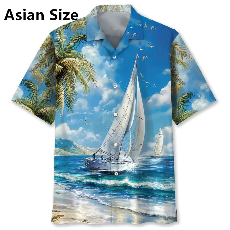 Men's Sailboat Tropical Flower Hawaiian Shirt Clothes Full Print Summer Short Sleeve Beach Shirts Blouse Men's Button Up Shirts