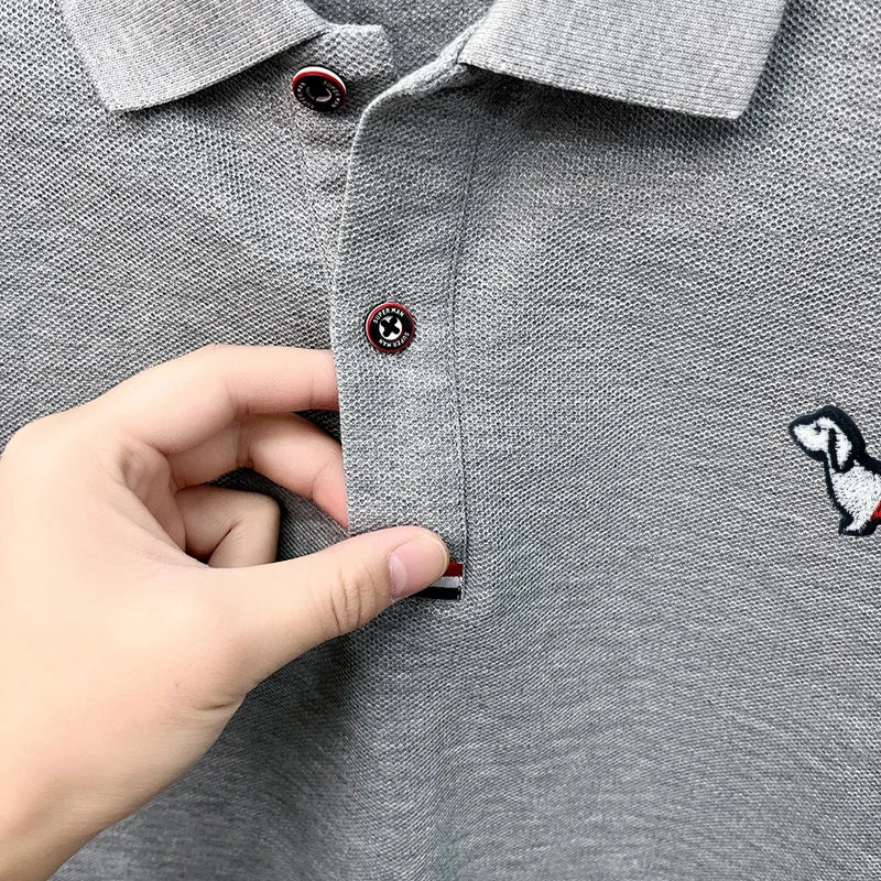 100% Cotton Summer Men's Short-Sleeved Polo Shirt Lapel Button Striped Print Business Casual Golf High-Quality Men's Clothing