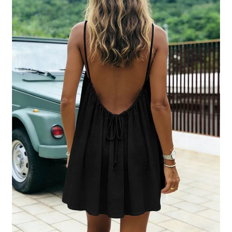 Women's Dress 2026 Summer Arrival Solid Color Fine Strap Flowing A-Line Skirt Casual Vacation Style with Elegant Backless Design