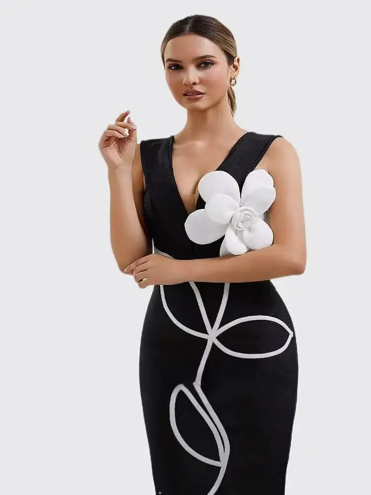 Women's Evening Dresses Sexy Strapless Tie White Flowers Bodycon Bandage Long Dresses Elegant Party Birthday Dresses