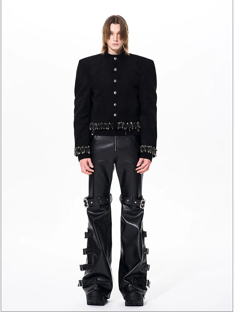 Mauroicardi Spring Autumn Cool Handsome Long Black Pu Leather Flare Pants for Men Rivet Luxury Designer Alternative Emo Clothes