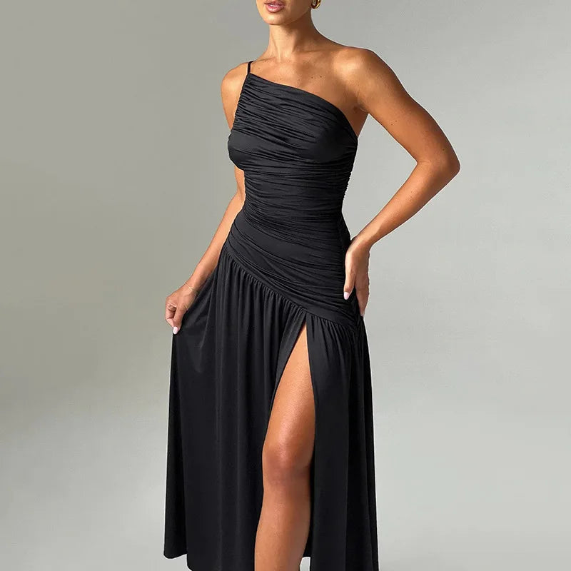 Women's Dress Summer Elegant Slim Long Dress One-Shoulder Suspender Oblique Shoulder Gathered Slit Sexy Pure Color Backless Elegant Long Dress Evening Dress Party Club