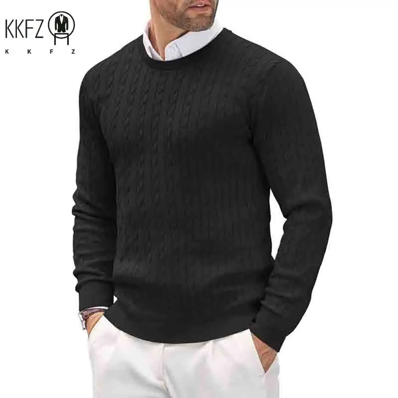 2026 New Men's Casual Sweater Round Neck Long Sleeve Knitted Sweater Diamond Pattern Fashion Versatile Top
