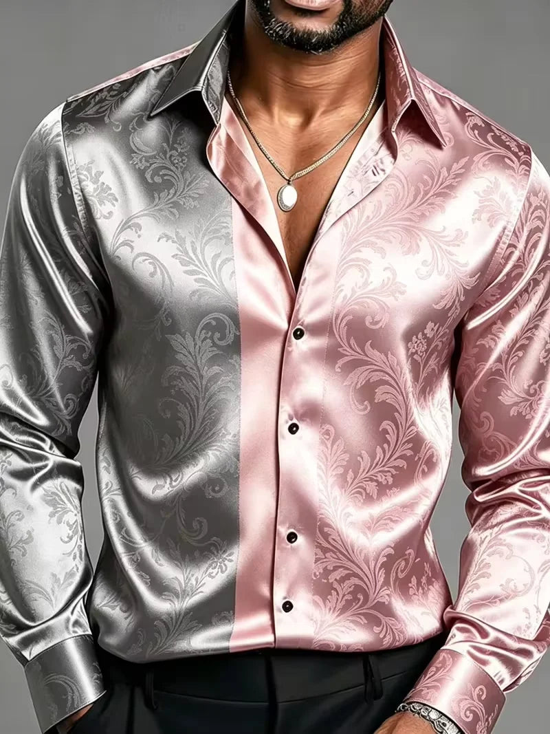 Satin Silk Long Sleeve Baroque Floral Printed Men Dress Shirts Slim Fit Party Nightclub Casual Formal Tops