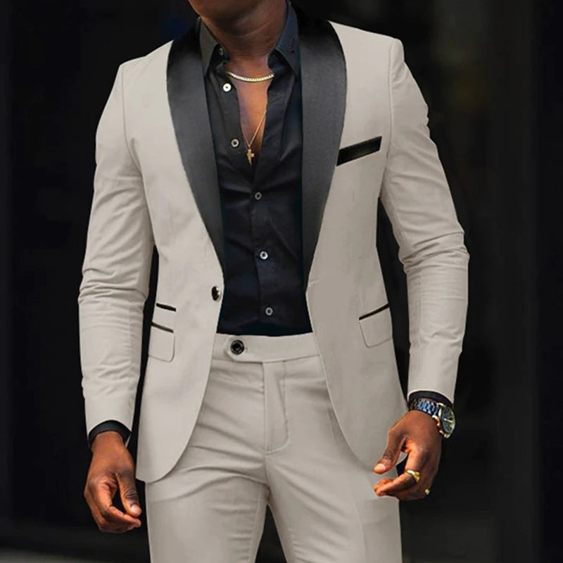 Fashion Men's Suits 2 Pieces Stretch Fabric Double Slit Solid Color Business Slim Dress Blazers Jacket Suit Coat Pants Trousers