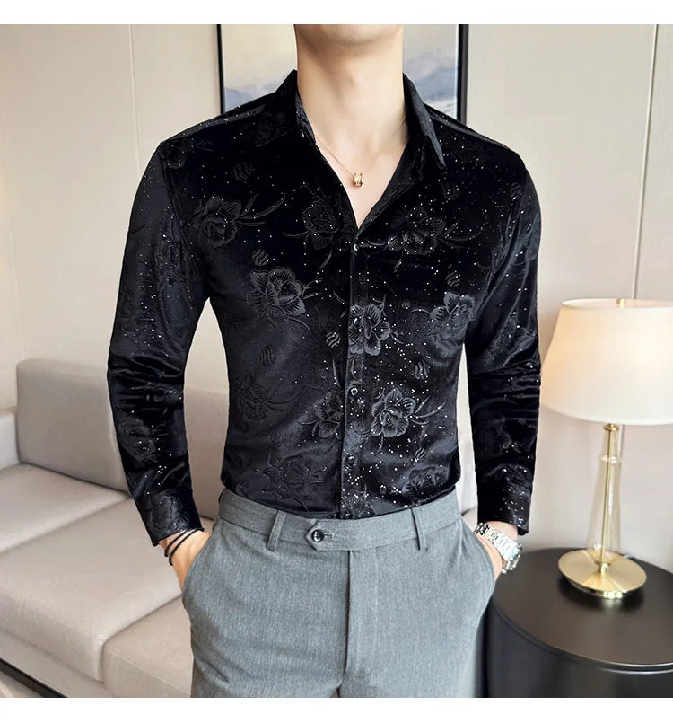 Men's Long Sleeve Velvet Flower Shirt New Luxury Printed Business Casual  Dress Shirts Formal Social Party Turn Down Collar Tops