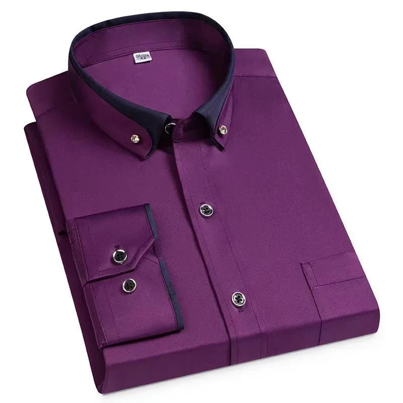2026 Men's Long Sleeve Business Dress Shirts Solid Formal Button-Down Social Collar Camisa Elastic Anti-wrinkle Casual Men Shirt