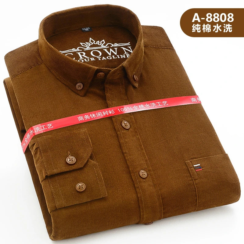 Cotton Corduroy Warm Shirts For Men New Autumn Winter Fashion Solid Color S-7XL Businessman Long Sleeve Smart Dress Casual Shirt