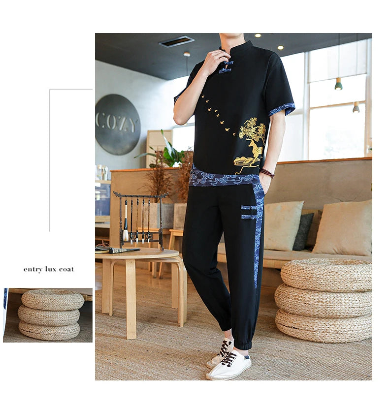 Shirts + Pants summer Cotton linen shorts sleeve shirts Men's Casual Sets Male Fashion trousers and shirts men size M-4XL TZ020