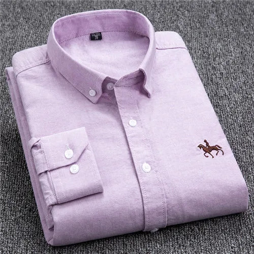 Cotton Oxford Shirt For Men Long Sleeve Plaid Striped Casual Shirts Male Pocket Regular-Fit Button-Down Work Man Dress Shirt