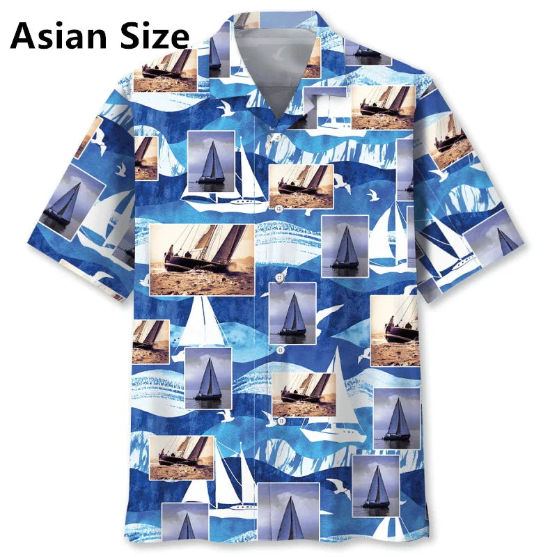 Men's Sailboat Tropical Flower Hawaiian Shirt Clothes Full Print Summer Short Sleeve Beach Shirts Blouse Men's Button Up Shirts