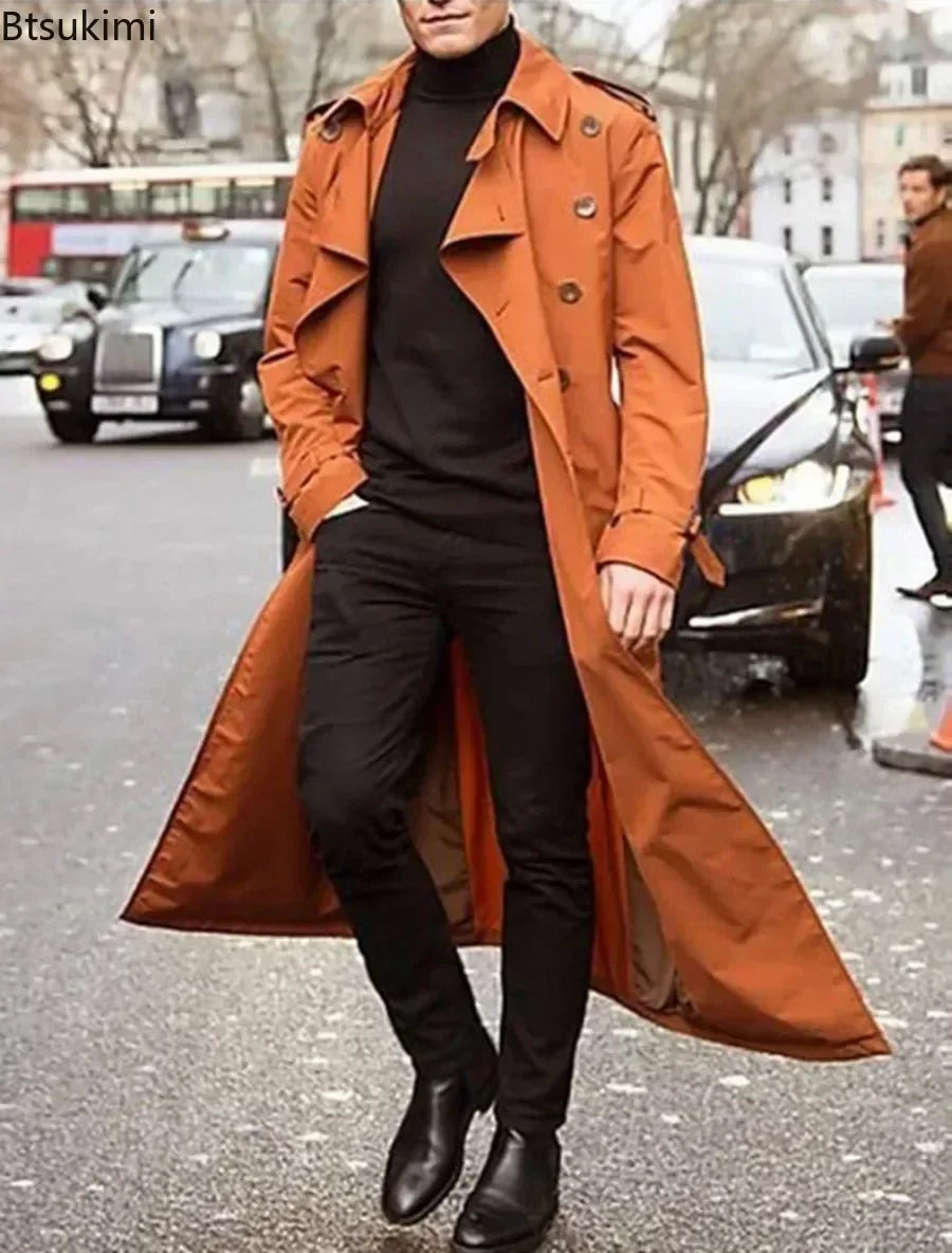 2026 Spring Autumn Men's Overcoat Vintage Long Trench Coat Men New Jacket Coats Men Business Casual Long Solid Windbreak Outwear