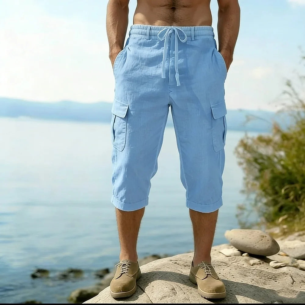 Men Summer Cotton Linen Shorts Retro Multi Pocket Loose Casual Shorts Thin Breathable Outdoor Fishing Travel Beach Short Pants