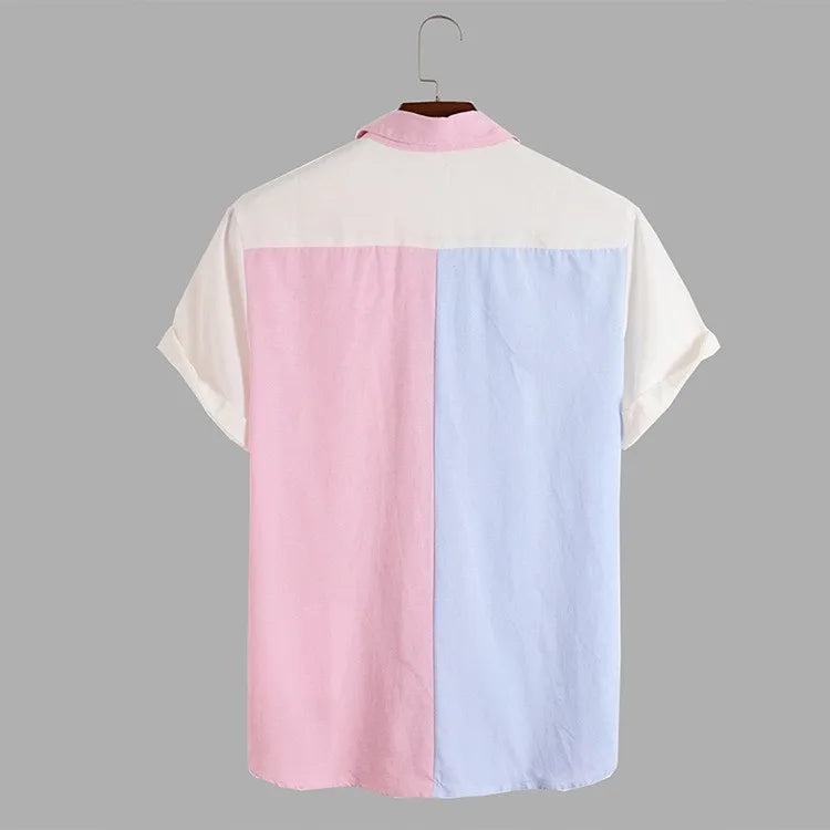 2026 Men's Summer Colorblock Shirts Short Sleeve Shirt Fashion Casual Lapel Cardigan Loose Comfortable Tops for Men Beach Shirts