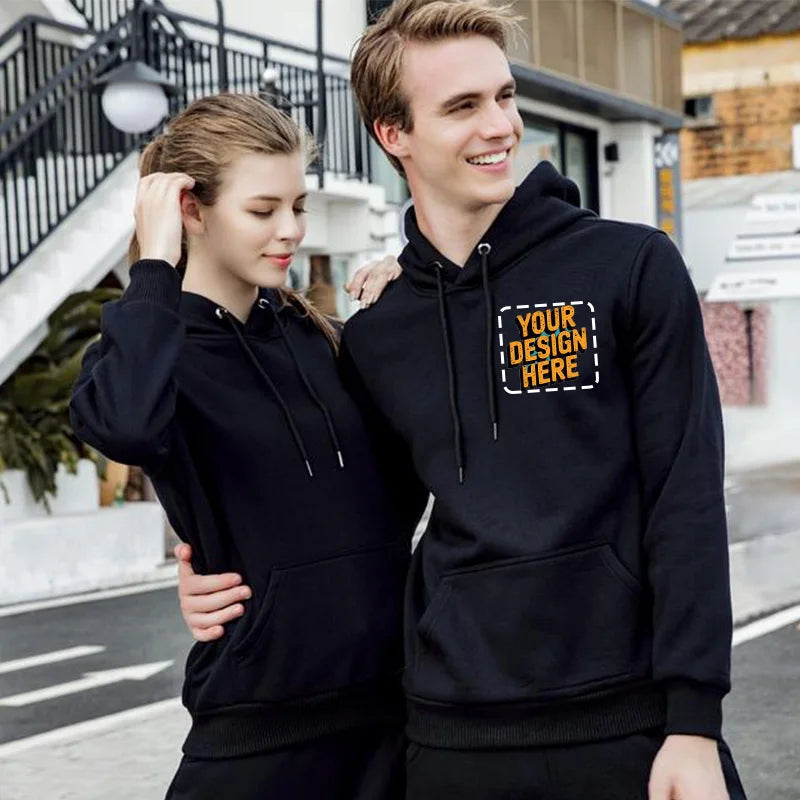 Customized LOGO Sweatshirt Warm Drawstring Men Hoodie for Daily Wear Autumn Winter Solid Color Ribbed Cuff for Daily Wear