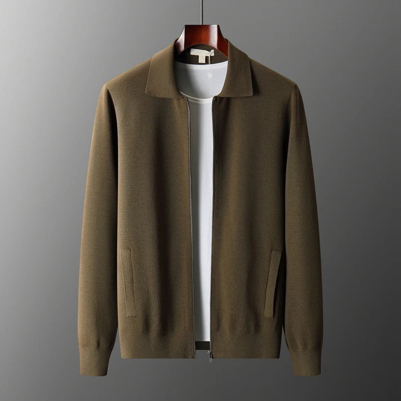 Men's Cardigan 100% Merino Wool Knitted Zippered Jacket 2023 Autumn and Winter Thickened Long Sleeved Men's Sweater Lapel Shirt