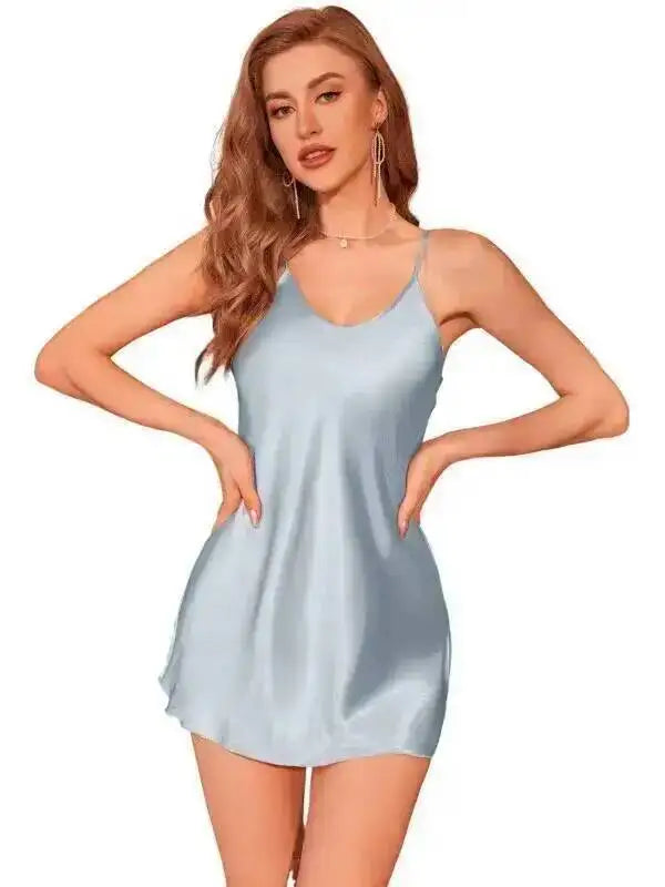 Women's Fresh Short Dress Elegant Home Casual Sleep Dress Solid Color Loungewear Backless Deep V Sleeveless Dress Beautiful PYDS