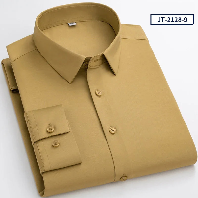 Over Size Solid Color Long-Sleeve Shirts for Men Slim Fit Formal Plain Shirt Elastic Single Pocket Tops Business Dress Clothes
