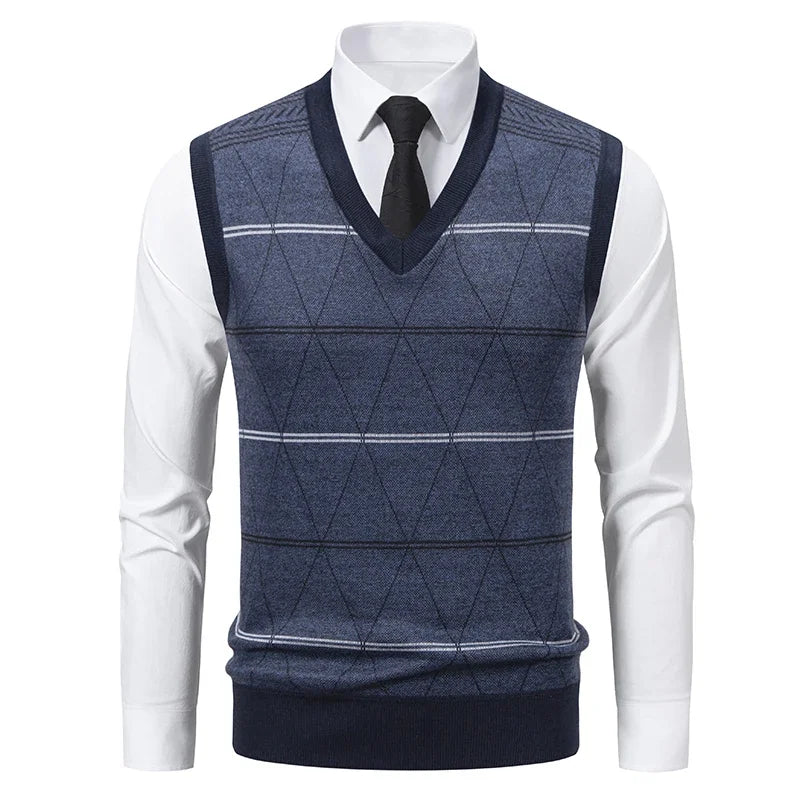 2026 Men's V-neck Knitted Sweater Warm Autumn Winter Diamond Grid Twisted Flower Casual Fashion Versatile Knit Top