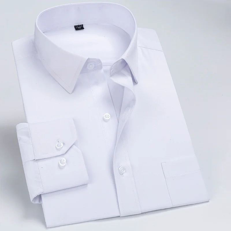 Business Dress Shirt Men's Long-sleeve Autumn Spring Fashion Solid Casual Formal White Work Office Simple Basic Man Clothe S-7XL