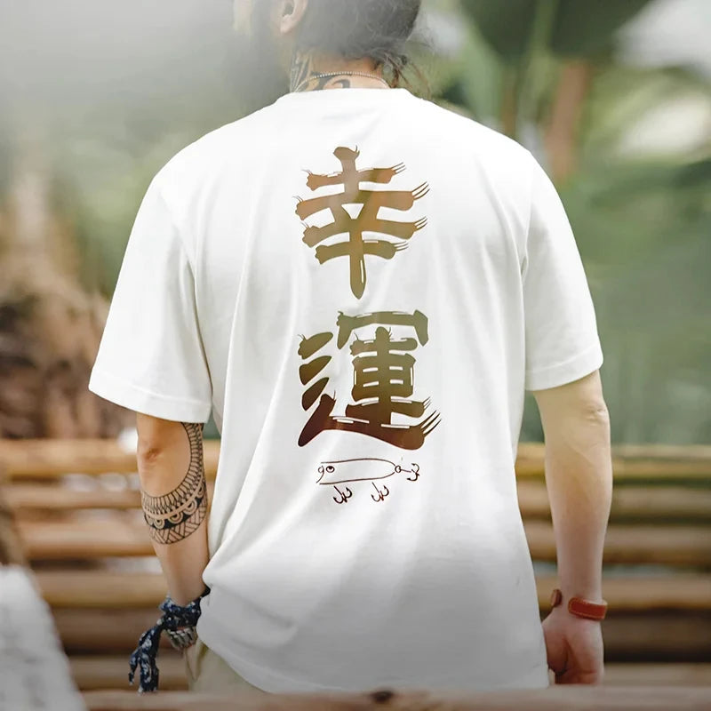 Maden Summer 100% Cotton Short Sleeve T-shirts for Men Color Change Lucky Flag Print Tees Casual Loose Fit White Tops