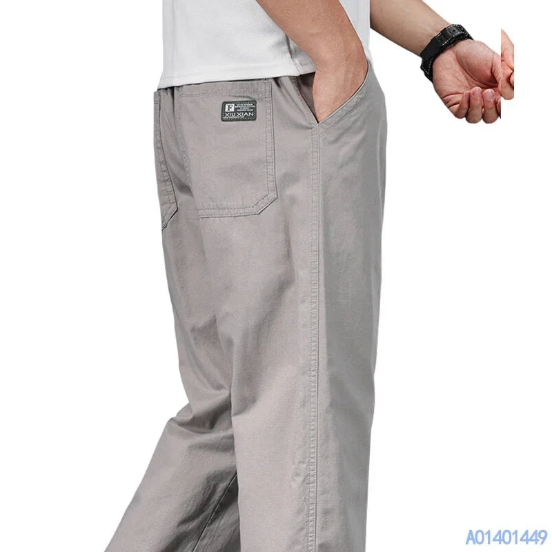 Big Size Mens Casual Pants Relaxed Fit Cotton Trousers Elastic Waist Drawstring Sweatpants Mens Jogger Pants Summer Spring