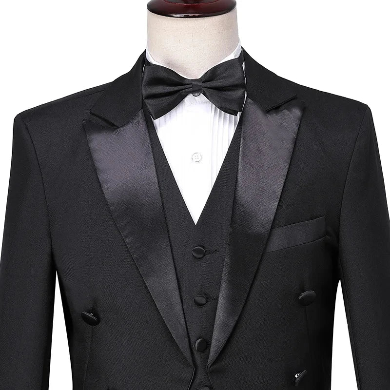 Men's Black Tuxedo Tailcoat Formal Dress Suits 3 Piece ,White Male Jacket and Pants Vest,Party Wedding Dance Magic Performance