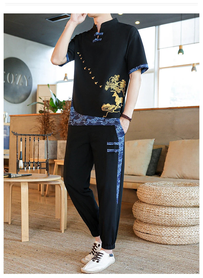 Shirts + Pants summer Cotton linen shorts sleeve shirts Men's Casual Sets Male Fashion trousers and shirts men size M-4XL TZ020