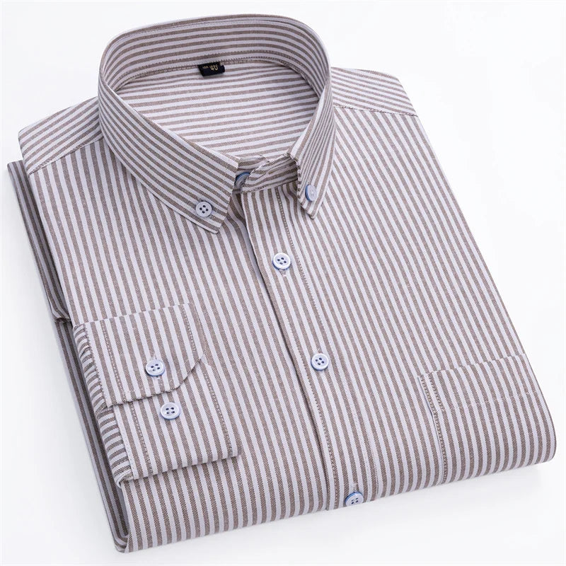 New Fashion Men's Oxford Shirts Long Sleeves Cotton Stripe Thin Soft Regular Fit Formal Shirt Pocket Social Blouse Male Clothing