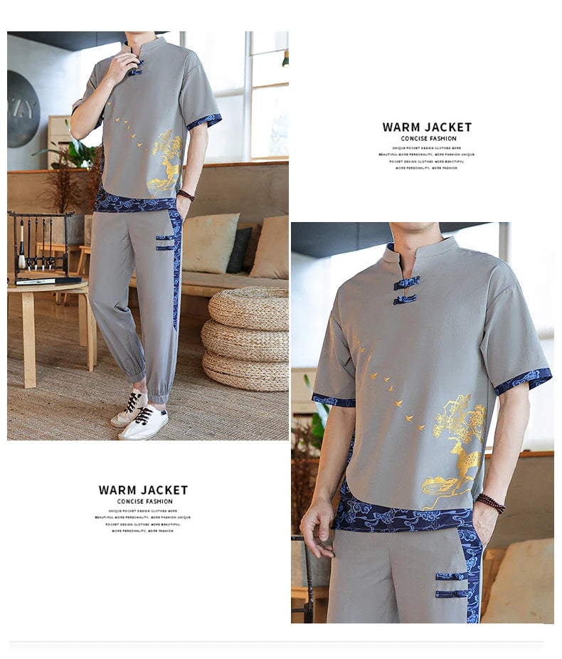 Shirts + Pants summer Cotton linen shorts sleeve shirts Men's Casual Sets Male Fashion trousers and shirts men size M-4XL TZ020