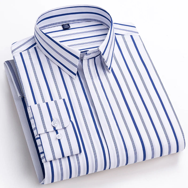 Quality Concealed Button Men Shirt Long Sleeves Dress Shirts For Men Slim Fit Camisa Social Business Blouse Stripe Shirt S-4XL