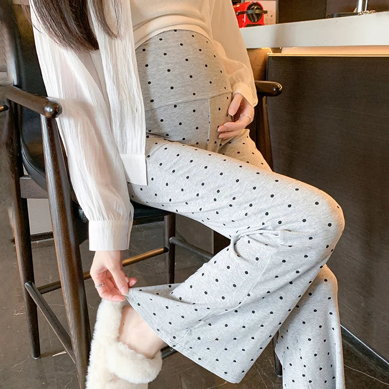 2026 Spring Autumn Maternity Polka Dot Flared Pants Petite Wide Leg Trousers Loose Straight Bell Bottom Pants Outdoor Pregnant