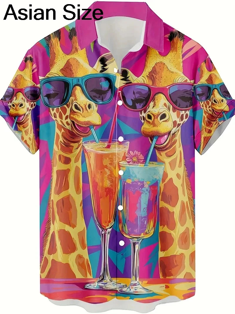 Men's Fashion 3D Printed 2025 Casual Hawaiian Shirts Funny Monkey Giraffe Cat Graphic Blouses Short Sleeve Button Shirt Tops