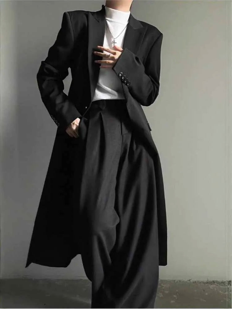 American Retro Men's Long Blazer Fashion High Street Dark Gothic Suit Jacket Spring Autumn Casual Black Simple Male Coat