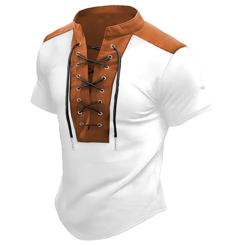 Men's V-neck Casual Beach Short Sleeved Color Matching Men's Top T-shirt Retro Streetwear