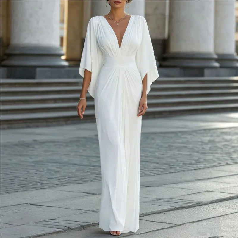 Elegant Evening Party Dress For Woman Simple Solid Color Deep V-neck High Waisted Vestidos Fashion Batwing Sleeve Long Dresses